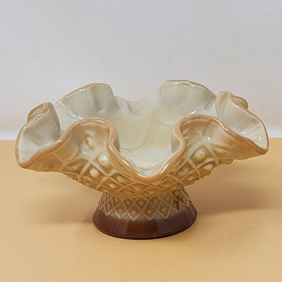 Vintage Ruffled Edge Ceramic Compote Dish Intricate Diamond PatternGlossy Finish - Picture 2 of 11
